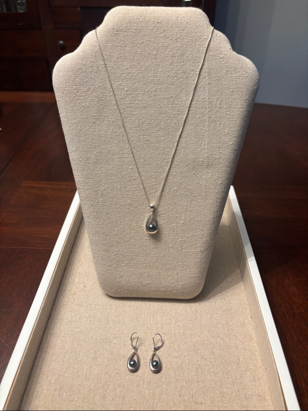 Sterling Silver Teardrop Necklace and Earring Set with Blue Pearls